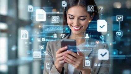 Poster - Businesswoman using smartphone digital data interface