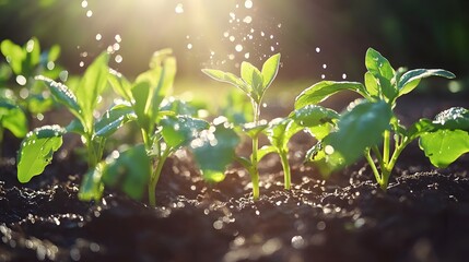 Poster - Fresh Green Seedlings Growing in Vibrant Soil with Gentle Water Spraying Under Bright Sunlight, Capturing Nature's Beauty and New Beginnings for Gardening Enthusiasts