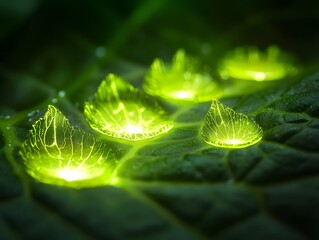 Poster - Close-Up of Bioluminescent Leaves with Intricate Veins Illuminated by a Soft Green Glow Against a Dark Background, Highlighting Nature's Beauty