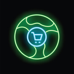 Poster - Neon icon showing a shopping cart superimposed on a world map, representing the concept of global e commerce