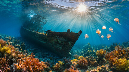 Underwater scene of a sunken wooden pirate ship with tattered sails, vibrant ocean life, seaweed, coral. The shipwreck rests on the ocean floor, creating a mysterious, adventurous atmosphere.