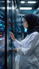 Poster - Woman in hijab monitoring server room data using smartphone and touchscreen interface