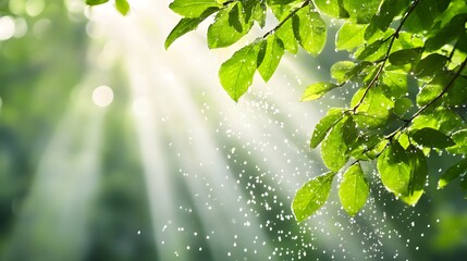 Aufkleber - Sunlight Filtering Through Fresh Green Leaves with Sparkling Water Droplets in a Lush Forest Setting Capturing the Beauty of Nature's Reflections and Vibrance