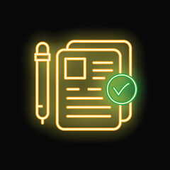 Poster - Neon icon of documents with check mark and pen representing successful contract signing