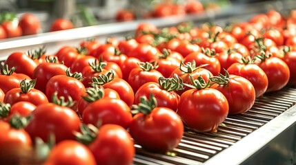 food safety concept. Fresh red tomatoes lined up on a conveyor belt in a processing facility.