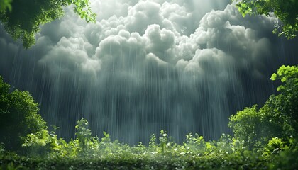 Poster - Dramatic Rainfall in Lush Green Forest with Dense Clouds Overhead Creating a Calm and Tranquil Atmosphere for Nature Lovers and Rain Enthusiasts Alike