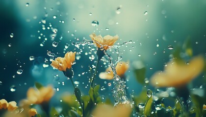 Poster - Close-Up Shot of Vibrant Yellow Flowers Surrounded by Sparkling Water Droplets in a Lush Garden Setting Captivating Nature's Beauty and Serenity