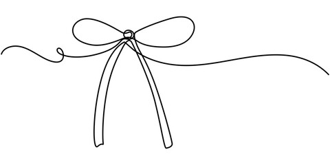 Wall Mural - Coquette stripes bow ribbon continuous one line drawing, One continuous line drawing of a festive bow on a white background. Christmas and birthday present wrap in simple linear style. Concept of pro.