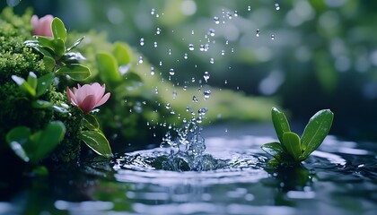 Poster - Vibrant Water Splash Among Lush Greenery and Delicate Blossoms Creating a Tranquil Nature Scene in a Serene Environment