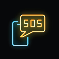 Poster - Neon sos message icon appearing over smartphone on black background representing emergency call concept