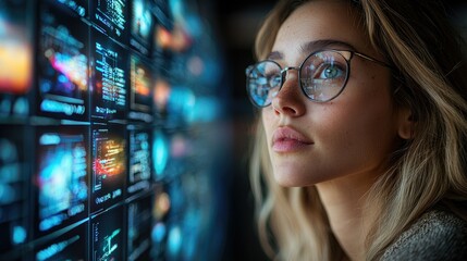 Poster - Woman observes a wall of digital data streams