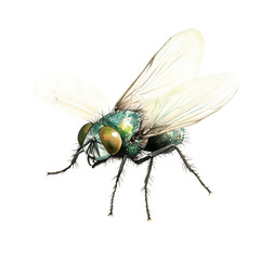 Poster - A detailed watercolor painting depicts a green bottle fly with its wings spread, showcasing intricate details of its body and legs.