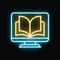 Poster - Neon glowing icon of an open book on a computer screen representing online education, e learning and digital knowledge