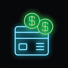Poster - Glowing neon line credit card icon isolated on black background. Concept of money, business, shopping, transfer, bank. Dollar sign. Vector illustration