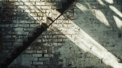 Poster - Light and shadow create intriguing patterns on a brick wall with stairs