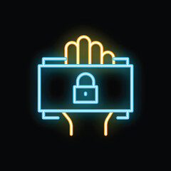 Poster - Neon icon of hands holding digital money transfer with a closed padlock, representing secure transaction