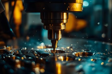 Leinwandbilder - Close-Up of Precision Metal Cutting Process with CNC Machine, Coolant Spray, and Shavings in Industrial Workshop Setting, Showcasing Modern Manufacturing Techniques