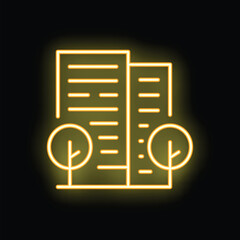 Poster - Yellow glowing neon line residential building with tree icon isolated on black background