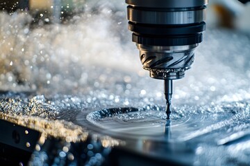 Leinwandbilder - Precision Metal Cutting with Advanced CNC Machine in Action, Fluid Dynamics and Sparks Captured in a Professional Manufacturing Environment