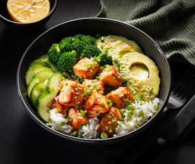 Wall Mural - Salmon bowl with rice and vegetables, close up view. Healthy and delicious food