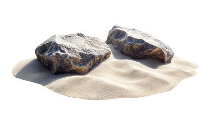 Poster - A digital rendering showcases two grey rocks situated on a small mound of light beige sand against a black background.