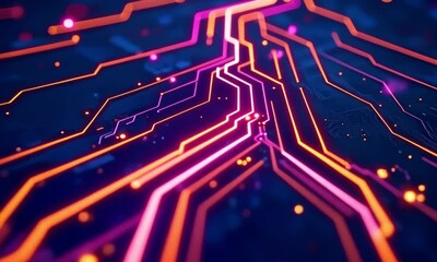 Poster - tract neon tech background with glowing chip lines