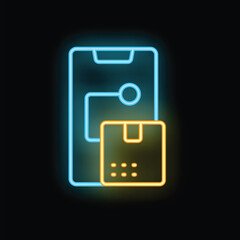 Poster - Neon glowing icon of online order status tracking app on smartphone with cardboard box symbol