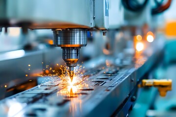 Leinwandbilder - High-Precision Laser Cutting Machine Producing Sparks in a Modern Factory Environment with Focus on Industrial Automation and Technology