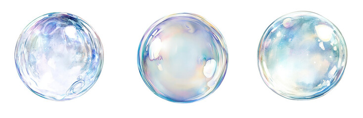 Poster - The image showcases three watercolor-painted soap bubbles with iridescent, translucent surfaces against a stark black backdrop.