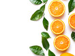 © graphic_titan - Freshly sliced oranges and green leaves arranged in a vibrant pattern on a white background with copy space offering a delightful and juicy visual feast