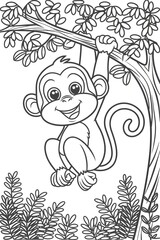 Wall Mural - a cute little monkey hanging with branch a coloring page for kids