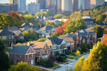 Poster - Suburban houses and downtown Atlanta buildings meeting at a tilted angle . A vibrant city skyline with numerous houses in the foreground, showcasing urban architecture and residential life.