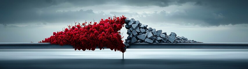 Wall Mural - a surreal landscape featuring a vibrant red tree merging with rocky terrain under a dramatic cloudy 