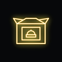 Poster - Yellow neon sign of open box with tray and food cover representing food delivery concept