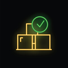 Poster - Neon sign of a stack of boxes with a green check mark, symbolizing successful delivery or order completion