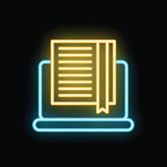 Poster - neon online education icon depicting an open book on a laptop screen, signifying online learning and