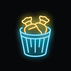 Poster - Neon sign depicting a trash can holding two full garbage bags, symbolizing waste and disposal