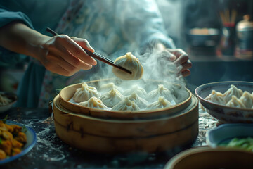 Chinese man cooking steamed dumplings, tradition of the Lunar New Year.