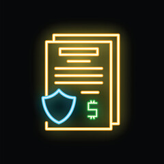 Poster - Neon documents with shield and dollar sign representing secure online payment or insurance policy