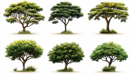 six diverse trees, isolated on white background, nature design element, website illustration