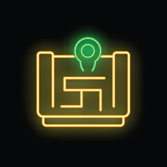 Poster - Neon sign of a location pin marking the finish on a maze, representing problem solving and finding solutions