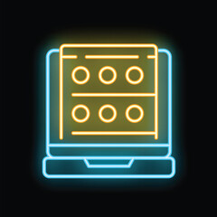 Poster - Glowing neon icon representing online survey form on laptop screen, symbolizing customer feedback and data analysis