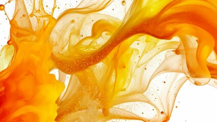 Poster - Dynamic swirl of orange and yellow liquid creating vibrant patterns on a white background