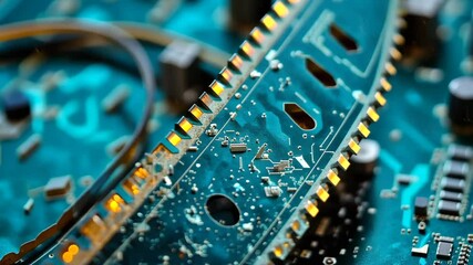Aufkleber - Intricate circuit board with metallic components and vibrant traces illuminated in a close-up view