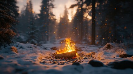 Wall Mural - Winter campfire, snowy forest, sunset sparks, warmth, adventure