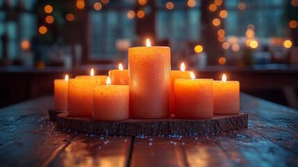 Sticker - A rustic centerpiece of candles surrounded by soft fairy lights, glowing warmly on a wooden table