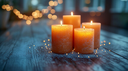 Sticker - A rustic centerpiece of candles surrounded by soft fairy lights, glowing warmly on a wooden table