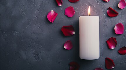 serenity candle with rose petals on dark stone background for spa and relaxation