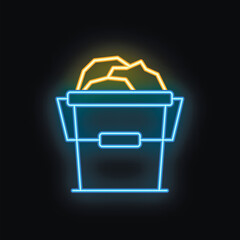 Poster - Glowing neon line full trash can icon isolated on black background. Garbage bin sign. Recycle basket icon. Office trash can. Vector illustration