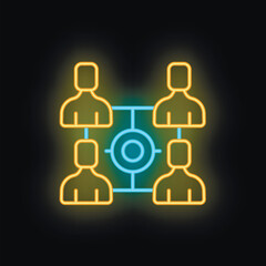 Poster - Neon business icon of four businesspeople collaborating with a target in the middle, representing a common business goal